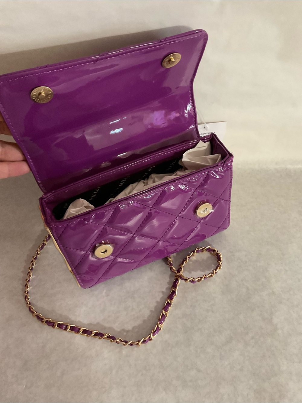Olivia Miller Glossy Violet Quilted Crossbody with Gold Chain - Picture 5 of 6